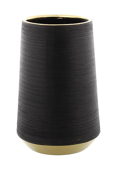 UMA CosmoLiving by Cosmopolitan Black Porcelain Ceramic Ribbed Decorative Vase with Gold accents, 5" x 5" x 8" | 74688