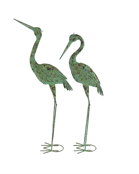 UMA Green Metal Crane Indoor Outdoor Decorative Garden Sculpture with Coiled U Shaped Feet, (Set of 2) 19W, 47H | 74870