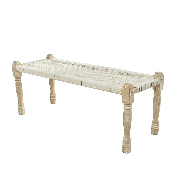 UMA Beige Cotton Fabric Handmade Woven Chevron Patterned Home Bench with Light Brown Mango Wood Legs, 48" x 18" x 19" | 75143 CLOSEOUT