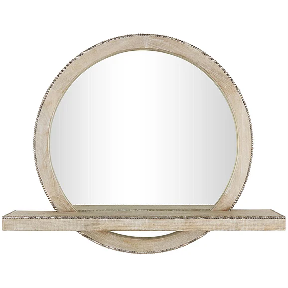 UMA Light Brown Mango Wood 1 Shelf Room Wall Mirror with Silver Beaded Outline, 36" x 6" x 30" | 75145 CLOSEOUT