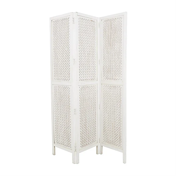 UMA White Mango Wood Geometric Cutout 3 Panel Partition Room Divider Screen, 54" x 1" x 72" | 75146 CLOSEOUT