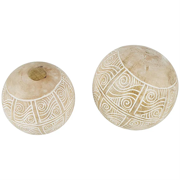 UMA Cream Mango Wood Handmade Decorative Ball Orbs & Vase Filler with Carved Tribal Patterns, Set of 2 5, 4W | 75149 CLOSEOUT