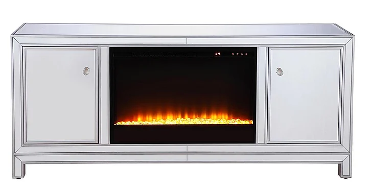 Elegant 60 In. Mirrored TV Stand with Crystal Fireplace Insert in Antique Silver MF701S-F2