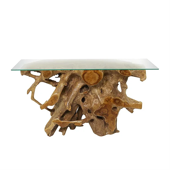 UMA Brown Teak Wood Handmade Live Edge Tree Stump Living Room Console Table with Clear Glass Top, 54" x 16" x 30" | 75570