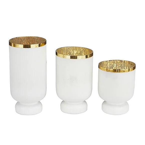 UMA White Glass Pillar Room Hurricane Lamp with Gold Interior, (Set of 3) 12, 10, 8H | 76038