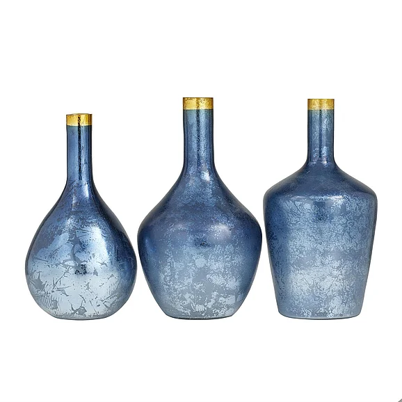 UMA Blue Glass Decorative Vase with Gold Rim, Set of 3 14, 13, 13H | 76041