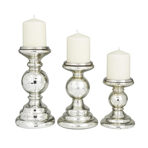 UMA Silver Glass Turned Style Pillar Decorative Candle Holder, Set of 3 10, 8, 6H | 76044 CLOSEOUT