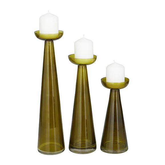 UMA Green Glass Pillar Decorative Candle Holder, Set of 3 15, 12, 9H | 76045 CLOSEOUT