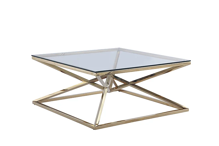 Chintaly 7616 Square Glass Top Cocktail Table with Double Pyramid Base in Gold