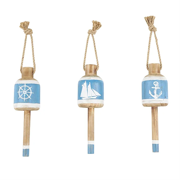 UMA Blue Wood Buoy Anchor, Sailboat, and Ship Wheel Home Wall Decor with Hanging Rope, Set of 3 3W, 16H | 77209 CLOSEOUT