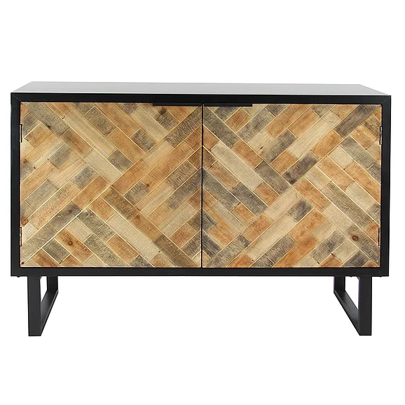 UMA Black Wood Geometric 1 Shelf and 2 Door Room Cabinet with Wood Inlay, 47" x 18" x 33" | 77609