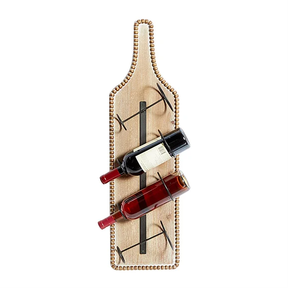 UMA Brown Wood Bottle Shaped 4 Bottle Wall Wine Rack with Beaded Frame, 9" x 5" x 32" | 77895 CLOSEOUT