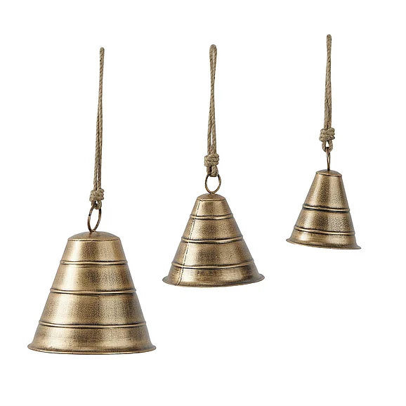 UMA Bronze Metal Tibetan Inspired Indoor Outdoor Decorative Cow Bells with Jute Hanging Rope, (Set of 3) 10, 8, 5H | 78141