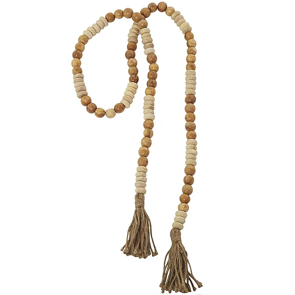 UMA Brown Mango Wood Handmade Round Long Carved Beaded Garland with Tassel, 80 x 1 x 1 | 78161