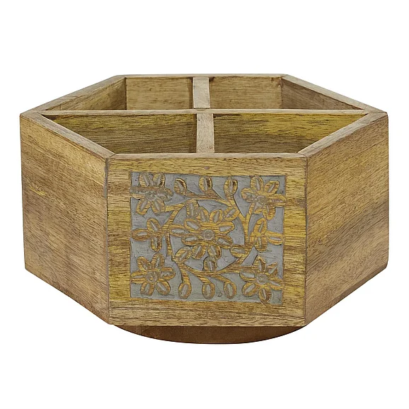 UMA Brown Wood Floral Intricately Carved 4 Bottle Wine Holder with Lazy Susan, 8" x 10" x 5" | 78280 CLOSEOUT