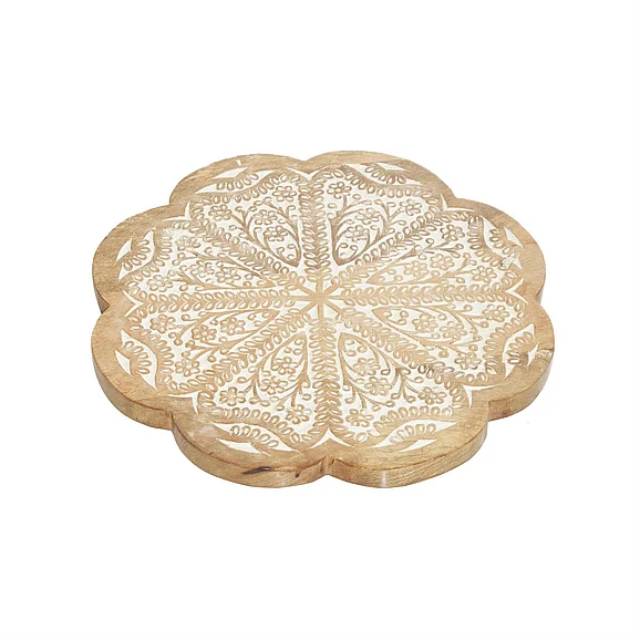 UMA Brown Wood Floral Intricately Carved Decorative Cake Stand, 15" x 15" x 2" | 78283