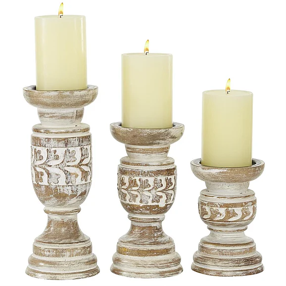 UMA Brown Mango Wood Floral Handmade Whitewashed Turned Decorative Candle Holder, Set of 3 6, 8, 10H | 78289