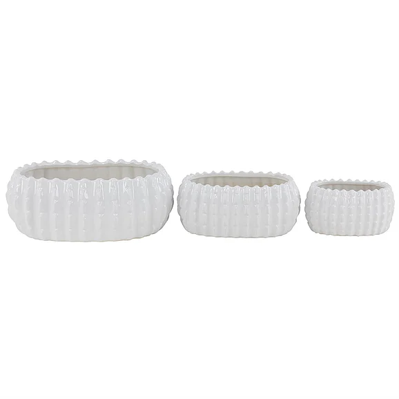 UMA White Ceramic Ribbed Indoor Outdoor Planter, (Set of 3) 17, 13, 8W | 78695