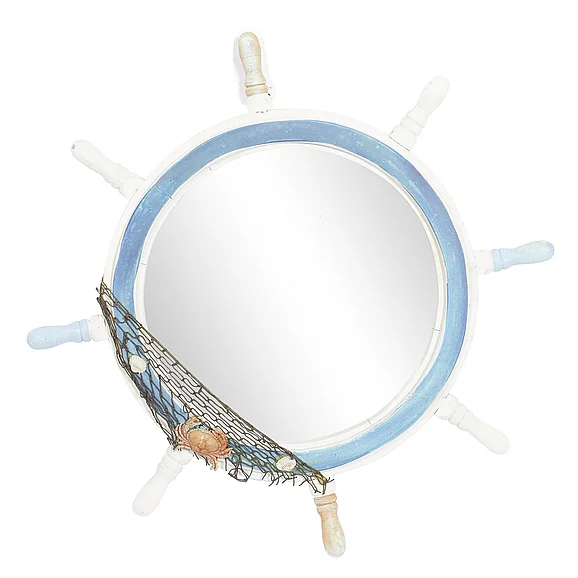 UMA Blue Wood Ship Wheel Room Wall Mirror with White Spokes and Sealife with Netting Accent, 25" x 2" x 25" | 78703