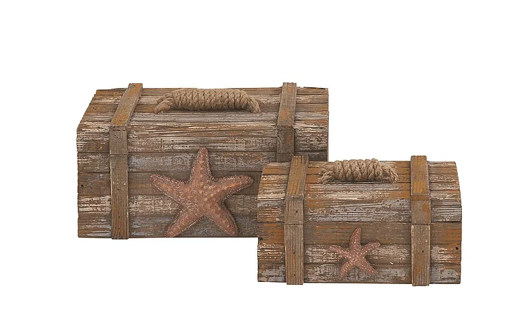 UMA Brown Wood Starfish Handmade Distressed Decorative Box with Knotted Rope Details, Set of 2 10, 7W | 78765