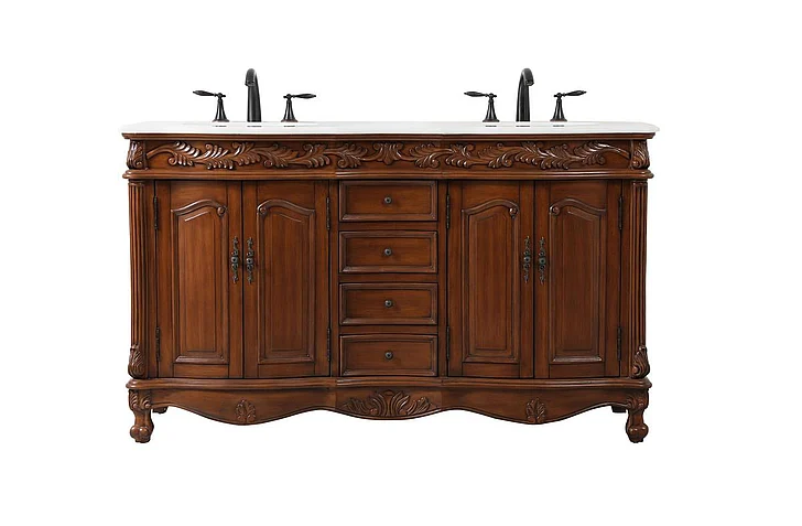 Elegant 60 In. Double Bathroom Vanity in Teak with Ivory White Engineered Marble VF-1049TK-VW