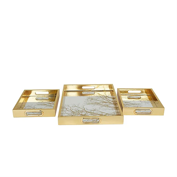UMA Gold Plastic Geometric Mirrored Living Room Decor Tray, (Set of 3) 18, 11, 11W | 79174