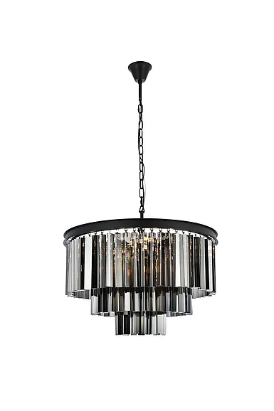 Elegant Sydney 9 Light Matte Black Chandelier Silver Shade (Grey) Royal Cut Crystal 1201D26MB-SS/RC
