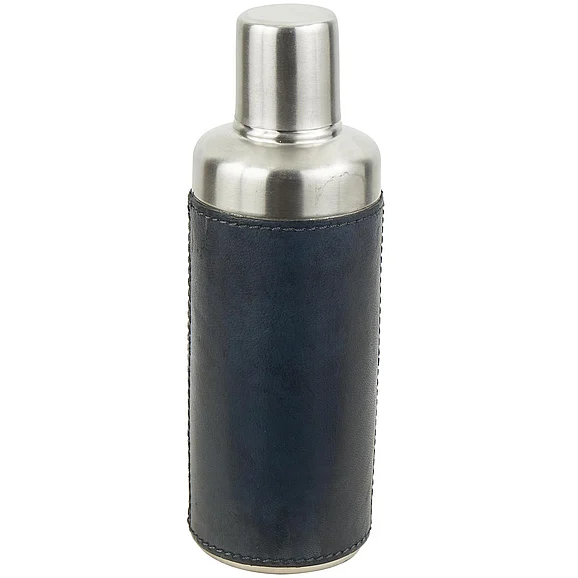 UMA Dark Blue Leather Handmade Cocktail Shaker with Silver Top, 3" x 3" x 9" | 79803 CLOSEOUT