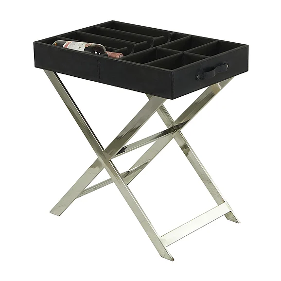 UMA Black Stainless Steel Metal Tray Table Style 4 Bottle Wine Holder with Stand and Storage Space, 24" x 16" x 26" | 79806 CLOSEOUT
