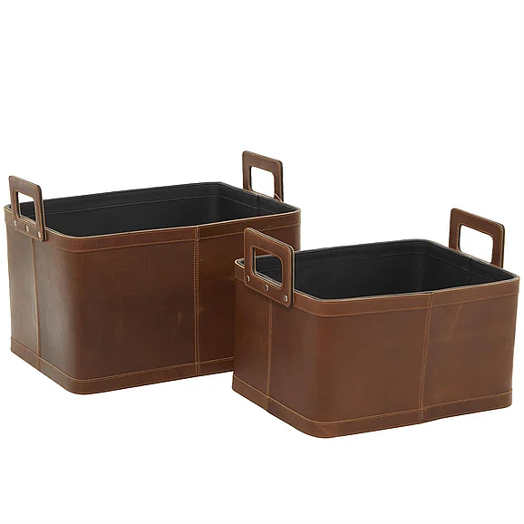 UMA Brown Leather Handmade Decorative and Functional Storage Basket with Handles, Set of 2 14, 12H | 79817