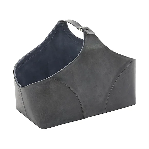 UMA Dark Gray Leather Handmade Box Style Single Slot Decorative Magazine Holder with Detail Stitching and Curved Handles, 23" x 12" x 16" | 79822 CLOSEOUT