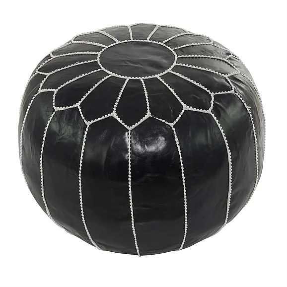 UMA Black Leather Floral Moroccan Room Pouf with White Stitching, 24" x 24" x 18" | 79826 CLOSEOUT