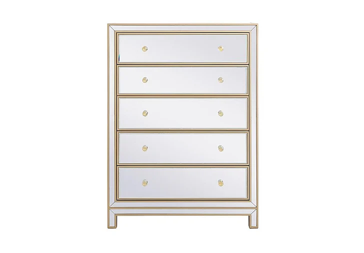 Elegant 34 In. Mirrored Five Drawer Cabinet in Gold MF72026G