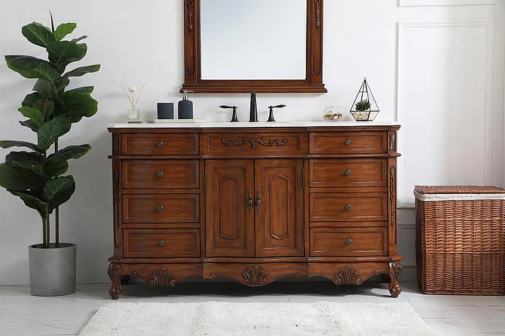 Elegant 60 In. Single Bathroom Vanity in Teak with Ivory White Engineered Marble VF10160TK-VW