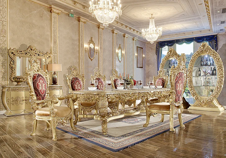 Homey Design HD-8086 9pc Dining Room Set in Metallic Bright Gold