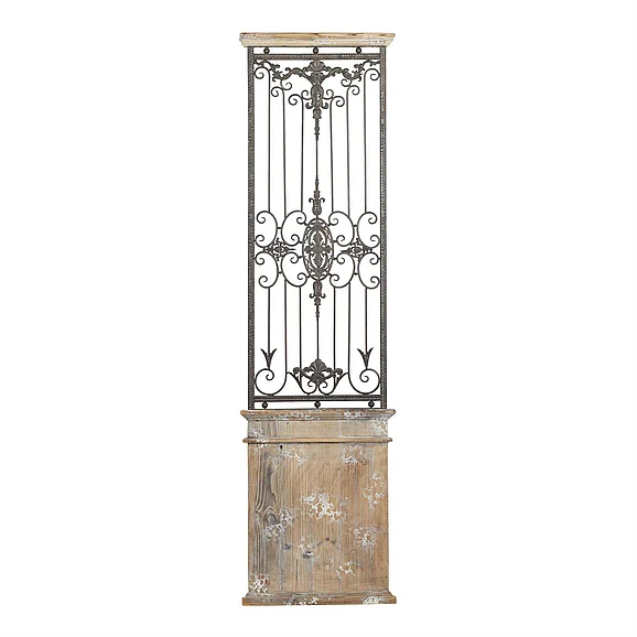 UMA Brown Wood Scroll Distressed Door Inspired Ornamental Panel Home Wall Decor with Black Metal Wire Details, 20" x 3" x 71" | 80944