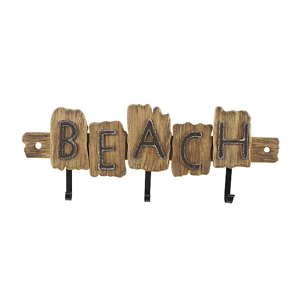 UMA Brown Wood Handmade Live Edge Beach Sign 3 Hanger Home Wall Hook with Metal Accents, 27" x 2" x 10" | 81092