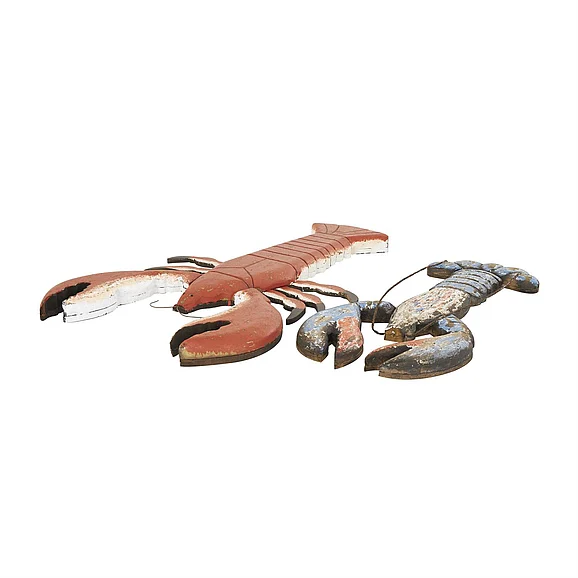 UMA Red Wood Lobster Handmade Distressed Decorative Sculpture with Blue and White Accents, Set of 2 26, 20H | 81099