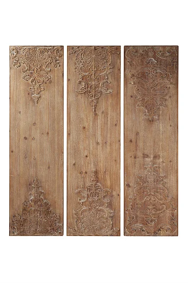 UMA Brown Wood Floral Carved Antefix Home Wall Decor, (Set of 3) 16W, 55H | 81483