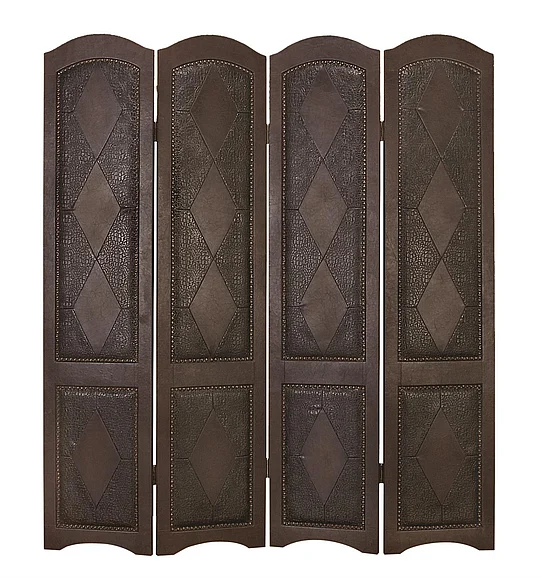 UMA Brown Faux Leather Scroll Hinged Foldable Partition 4 Panel Partition Room Divider Screen with Faux Leather Detailing, 64" x 1" x 71" | 81696