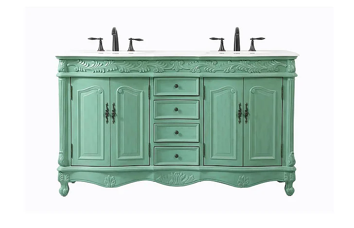 Elegant 60 In. Double Bathroom Vanity in Vintage Mint with Ivory White Engineered Marble VF-1049VM-VW