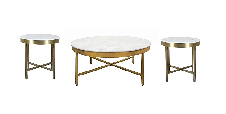 Moti Furniture Orlando 3pc Round Coffee Table Set in White and Brass