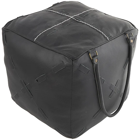 UMA Black Leather Room Pouf with Woven Straps and Handles, 22" x 21" x 19" | 82324