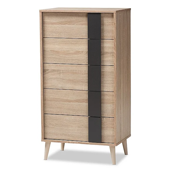 Baxton Studio Lisen Light Oak and Grey 5-Drawer Chest 8254