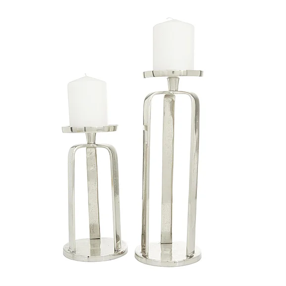 UMA CosmoLiving by Cosmopolitan Silver Aluminum Metal Geometric Pillar Decorative Candle Holder, Set of 2 14, 10H | 82606 CLOSEOUT
