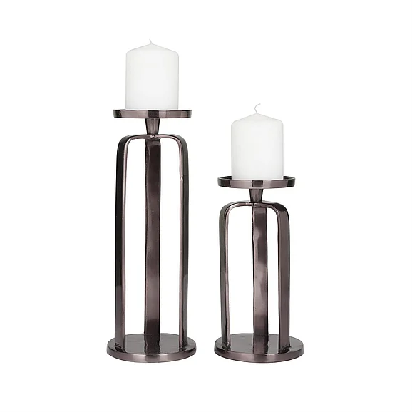 UMA CosmoLiving by Cosmopolitan Black Aluminum Metal Geometric Pillar Decorative Candle Holder, Set of 2 14, 10H | 82608 CLOSEOUT