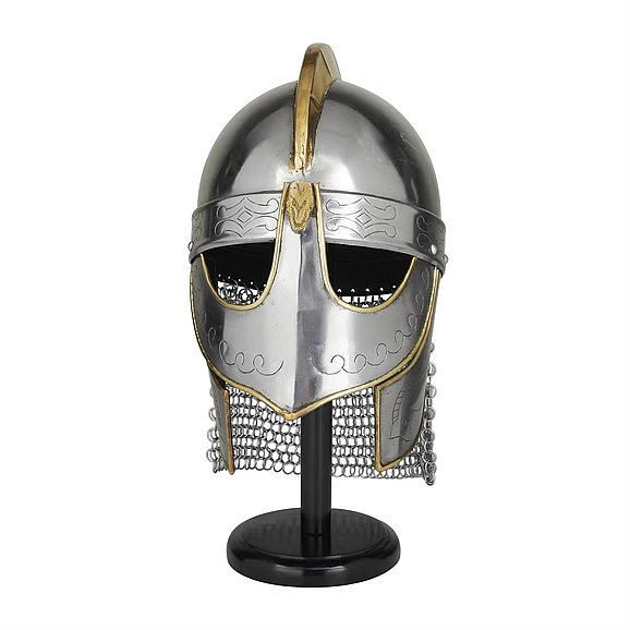 UMA Silver Metal Replica Medieval Knight Crusader Helmet with Black Wood Stand and Chainmail, 9" x 11" x 17" | 82618 CLOSEOUT
