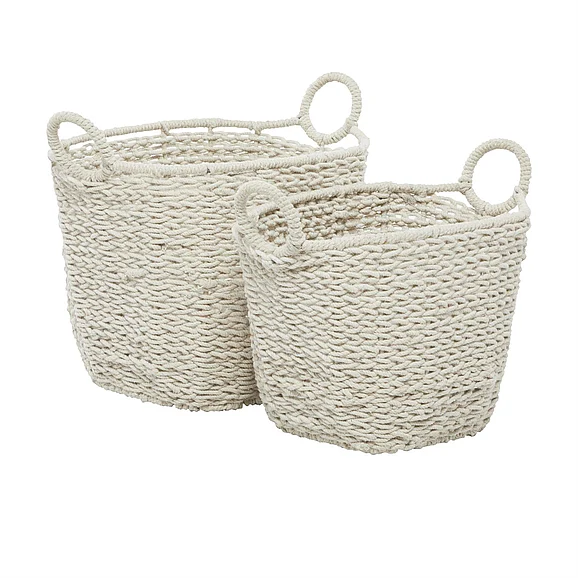 UMA CosmoLiving by Cosmopolitan White Cotton Fabric Handmade Decorative and Functional Storage Basket with Handles, Set of 2 16, 18H | 82635