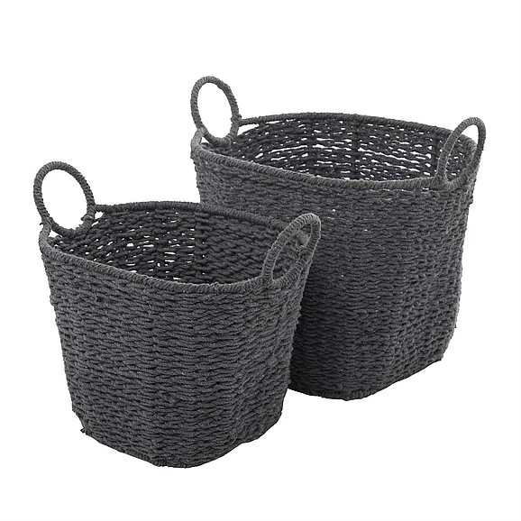 UMA CosmoLiving by Cosmopolitan Gray Cotton Fabric Handmade Decorative and Functional Storage Basket with Handles, Set of 2 16, 15H | 82638 CLOSEOUT