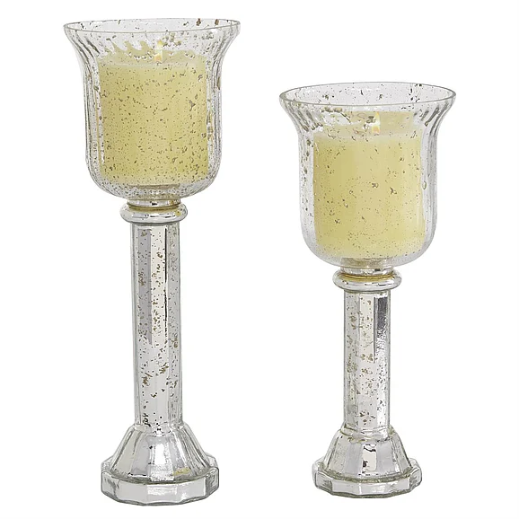 UMA Silver Glass Pillar Room Hurricane Lamp with Faux Mercury Glass Finish, Set of 2 12, 10H | 82776
